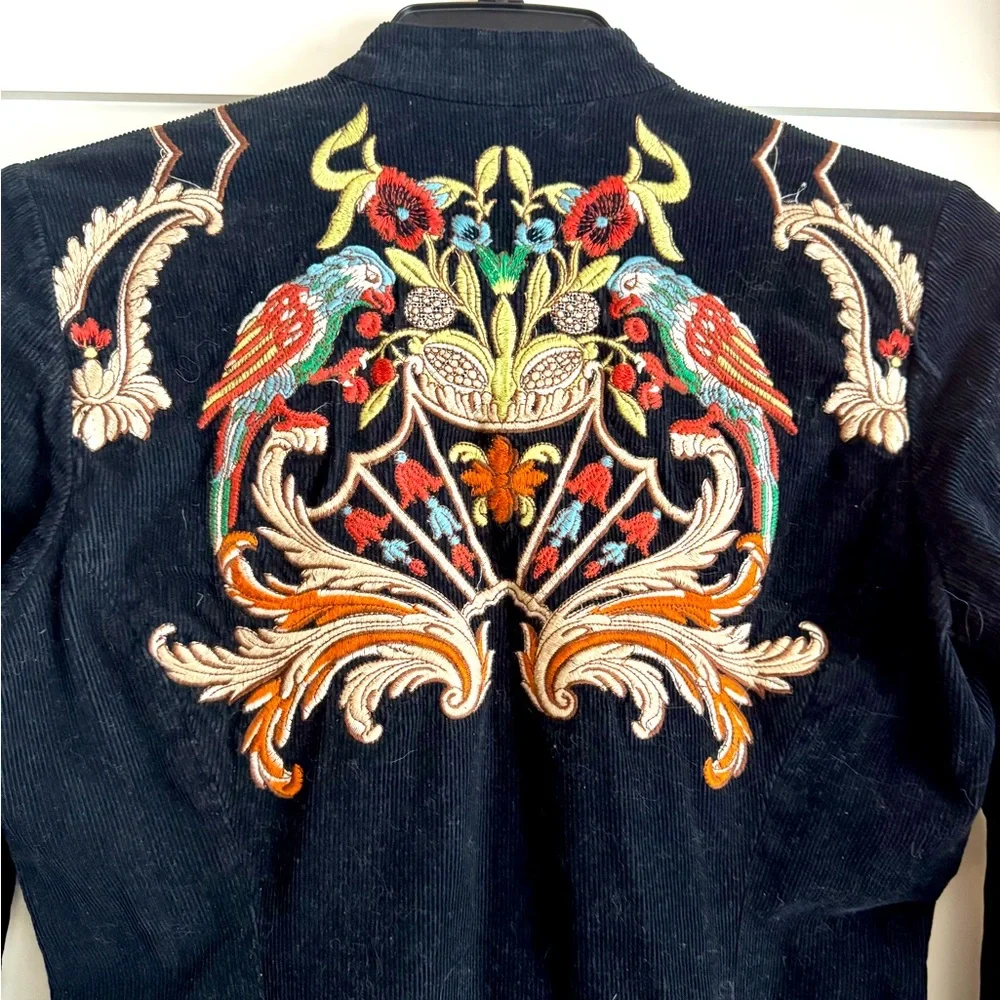 Barely worn Johnny Was - Embroidered Black mid-length Corduroy Coat, Size Medium - Picture 6 of 10